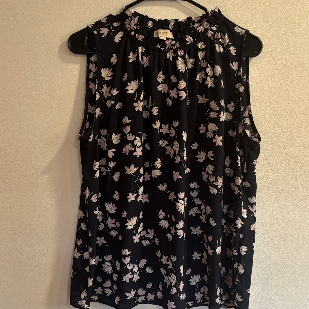 LOFT Navy Blue and Pink Floral Blouse